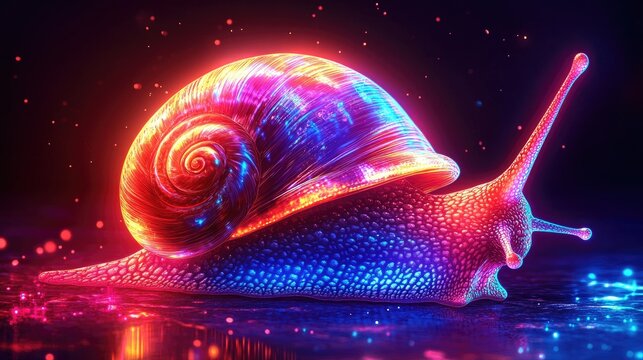 Glowing neon snail with iridescent shell.