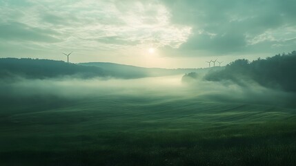 Fototapeta premium Majestic Wind Turbine Landscape at Misty Sunrise in Serene Countryside Setting