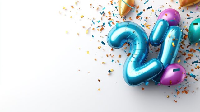 Blue Number Twenty One Balloons and Confetti on White Background
