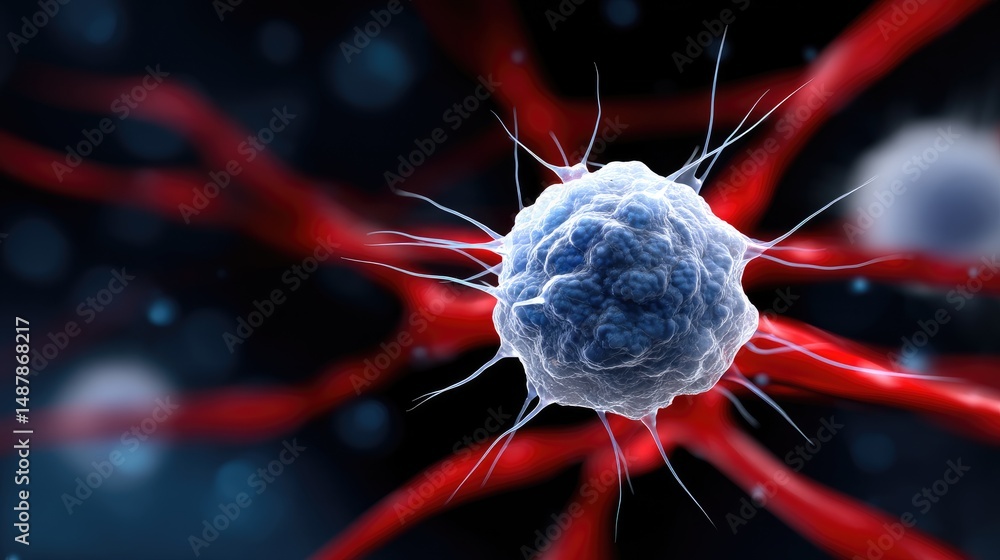 Poster a microscopic view of a cell with extended filaments, set against a dark background with red structu