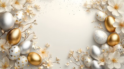 Obraz premium Elegant Easter Floral Golden and Silver Eggs Decorative Background