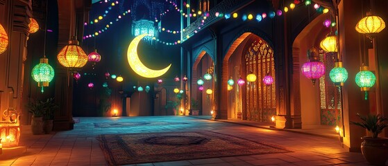 Obraz premium Night scene in a brightly lit Middle Eastern alleyway with crescent moon.