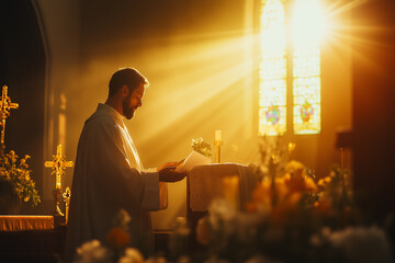 Priest reading scripture in sunlit church altar