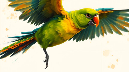 Pastel Portrait of a Colorful Green Parrot with Orange Beak on White Background — Soft Light & Subtle Detail, Generative AI