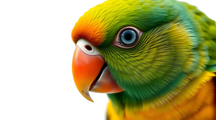 Pastel Portrait of a Colorful Green Parrot with Orange Beak on White Background — Soft Light & Subtle Detail, Generative AI