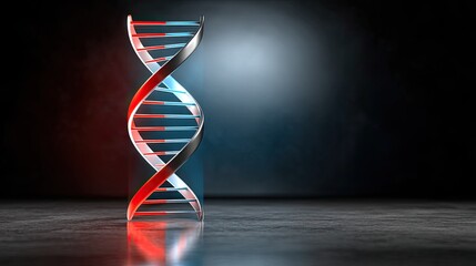 A metallic DNA double helix sculpture stands on a reflective surface with dramatic blue and red lighting.