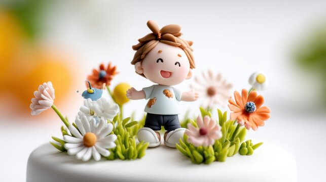 Whimsical Fondant Boy Cake Decoration with Pastel Flowers
