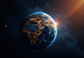 Obraz premium Earth at Night: Illuminated City Lights and Sunbeam