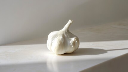 Single bulb of garlic on a white surface, illuminated by sunlight.