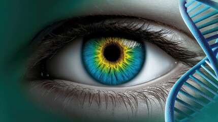 A close-up of a vibrant blue and yellow eye with a DNA double helix, symbolizing genetics and vision science.