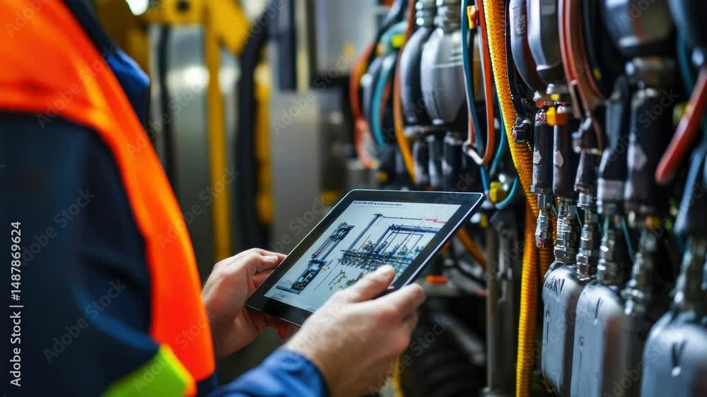 Poster A person using a tablet computer in front of a collection of hoses, suitable for DIY or instructional purposes