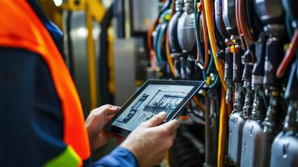 A person using a tablet computer in front of a collection of hoses, suitable for DIY or instructional purposes