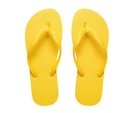 yellow flip flops png. yellow summer flip flop top view png. flip flops flat lay isolated. summertime garment flip flops for tropical vacation or poolside beachwear isolated