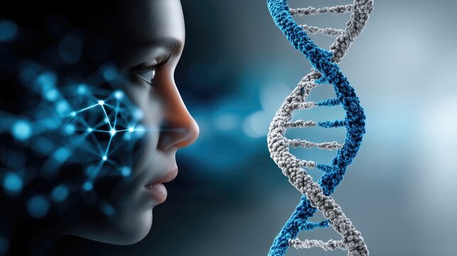 A person's face merges with digital elements, facing a large DNA double helix, symbolizing human genetics and technology integration.