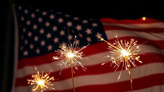 Sparkling sparklers lit in front of the american flag for independence day celebrations
