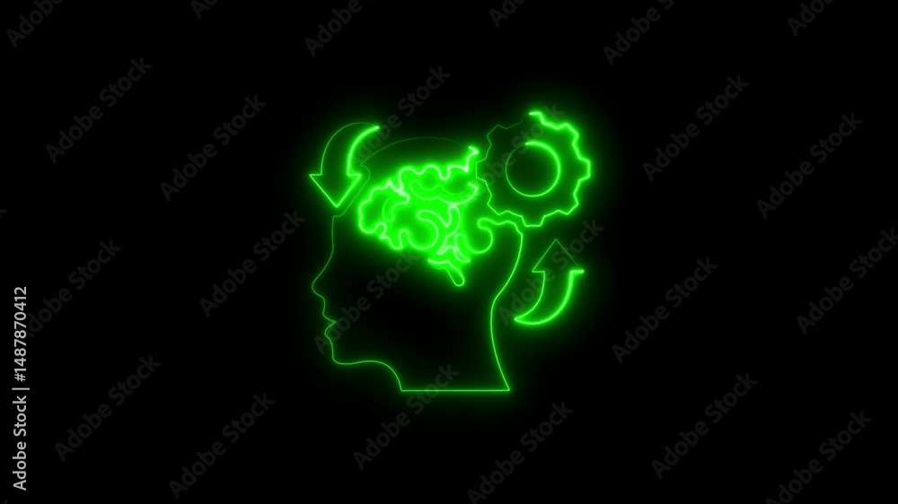 Poster glowing neon brain and gear indicating mental processes and problem solving
