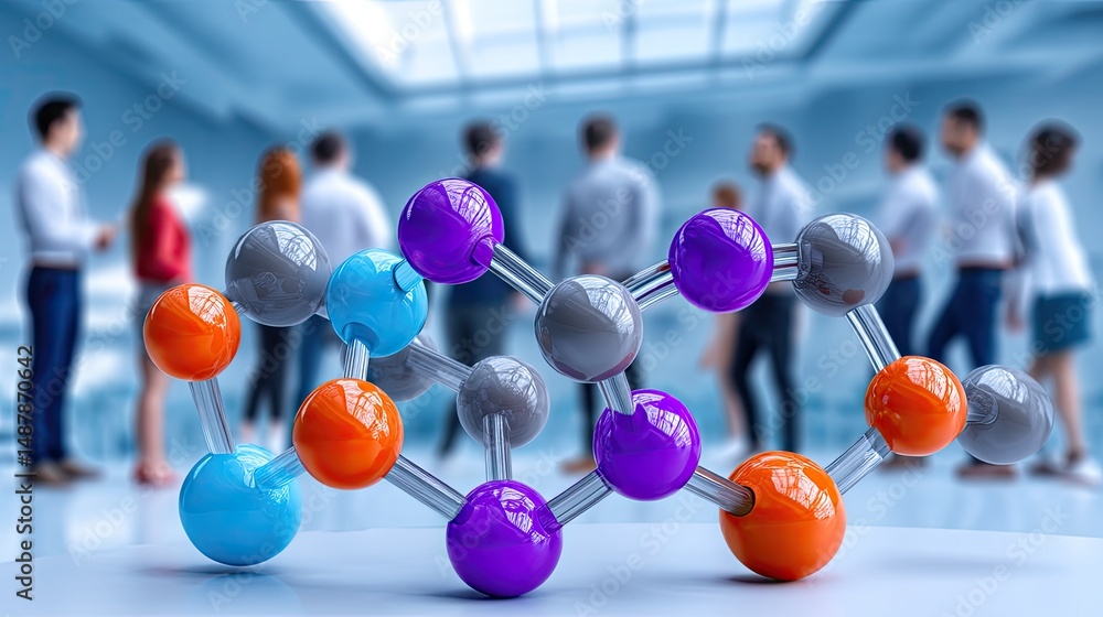 Poster a colorful molecular model sits on a table with a blurred group of people standing in the background
