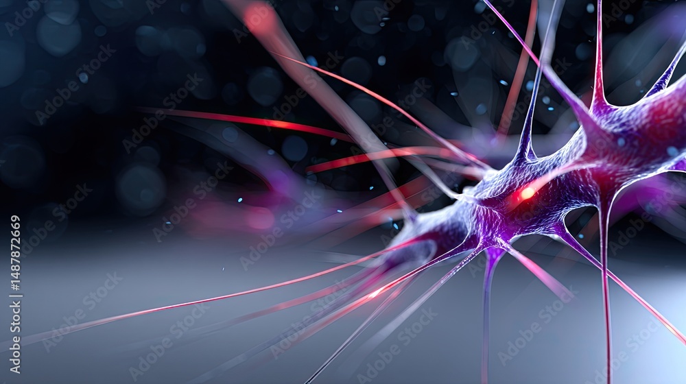 Poster a detailed, digital illustration of a neuron with glowing synapses, highlighting the complexity of n