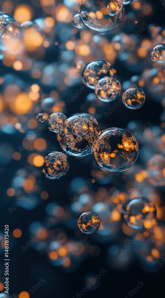 Aufkleber close-up view of bubbles in a dark background with blurred light effects for artistic and abstract u
