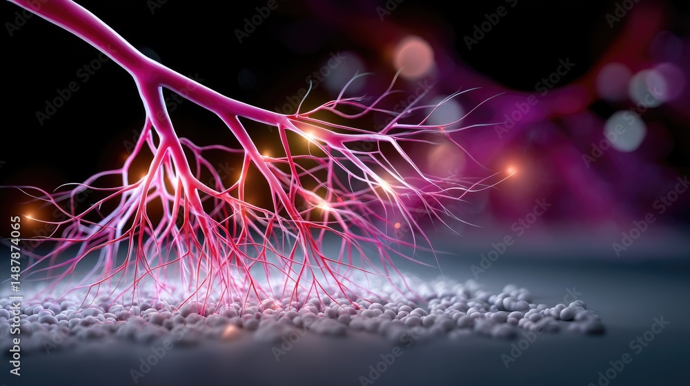 Poster a vibrant network of glowing pink neural branches spreads across a surface covered with white spheri