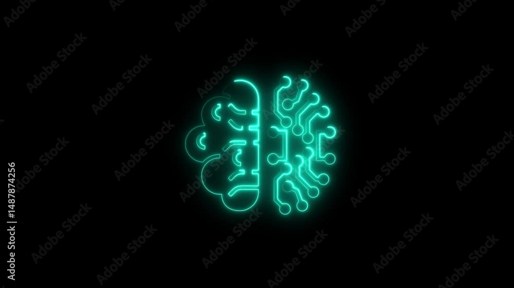 Poster glowing neon brain and circuitry symbol on black background representing artificial intelligence