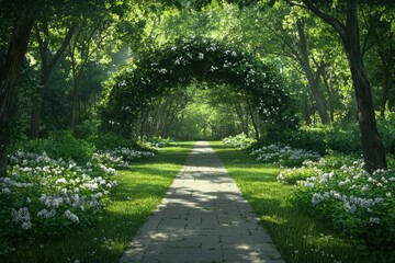 Tranquil pathway surrounded by lush greenery enchanting garden nature scenery serene environment peaceful view