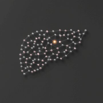 A stylized liver shape created with interconnected dots and lines, forming a molecular structure pattern. Monochrome palette (black and white) with a single gold dot highlighting regeneration. Negati