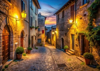 Fototapeta premium Loreto Aprutino Night Photography: Medieval Italian Town, Low Light, Pescara Province, Abruzzo, Italy