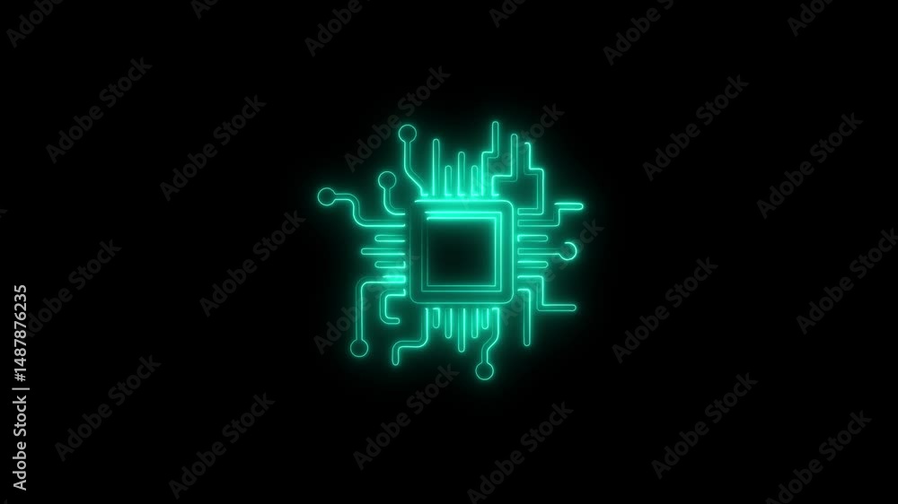 Poster glowing neon cpu circuit board design on black background animation