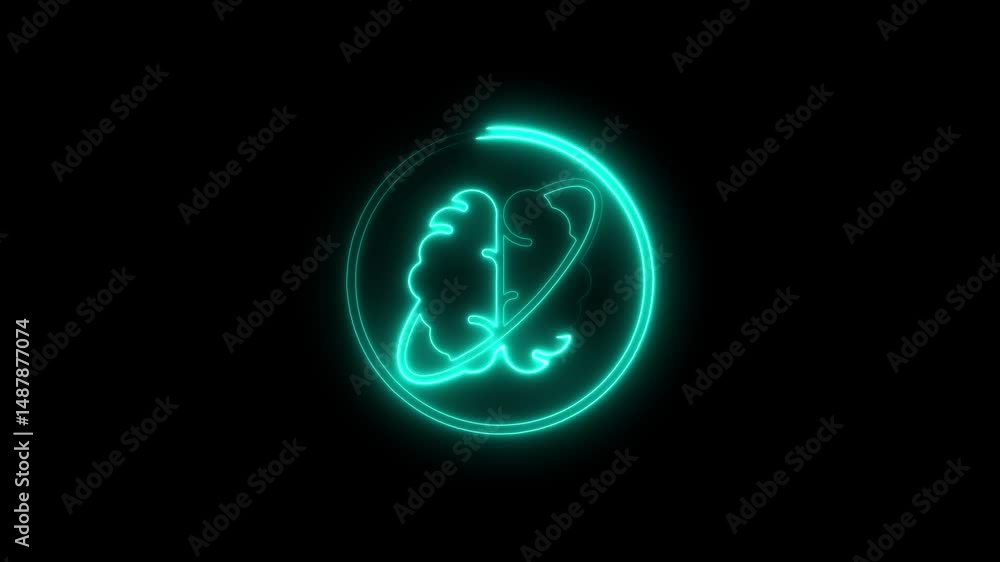 Poster glowing neon brain outline rotating inside a circle symbolizing intelligence and ideas