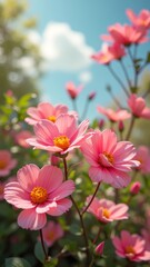 Fototapeta premium Blooming pink flowers in sunlight