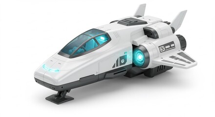 Obraz premium Sleek white spaceship model glows softly under studio lighting. AI Generated