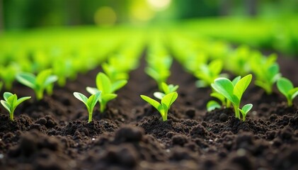 Rows of young plants thriving in fertile garden bed, farm, ecosystem, vibrant
