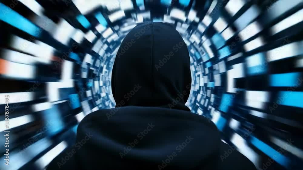 Aufkleber exploring the depths of digital realms through an abstract vortex with a cloaked figure in the foreg