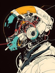 a futuristic illustration of a highly detailed astronaut helmet with wires and internal machinery exposed