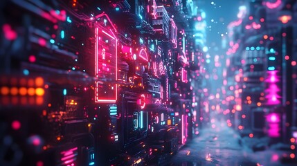 Obraz premium Vibrant Neon Cityscape with Futuristic Illuminated Skyscrapers and Geometric Architectural Structures