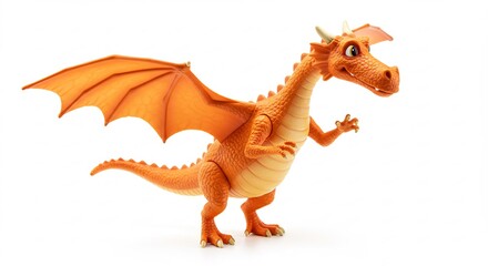 Fototapeta premium Friendly orange dragon playfully poses against bright white background. AI Generated