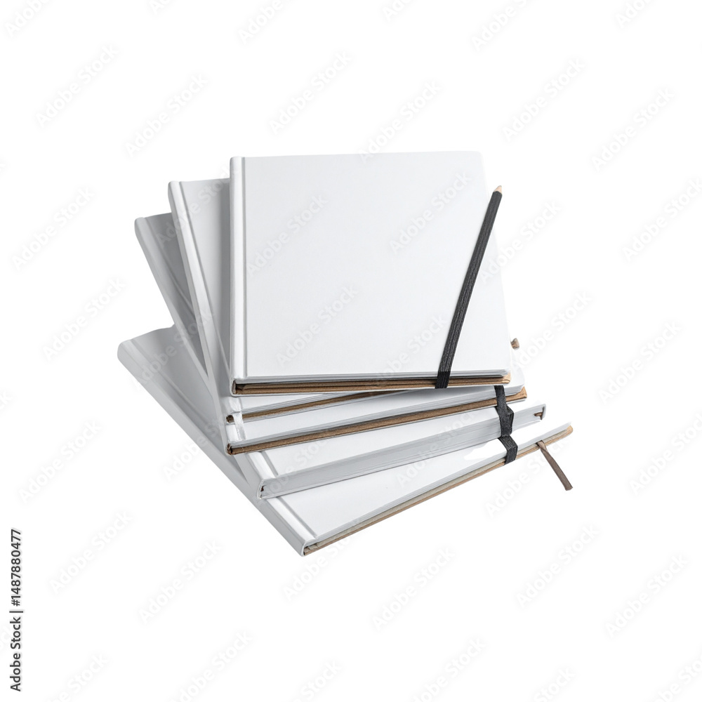 Poster stack of blank white notebooks with black elastic bands top view life neat on transparent background