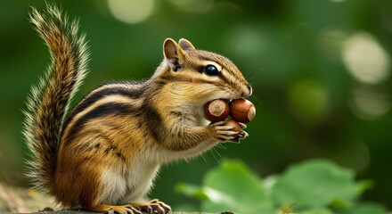 Obraz premium Adorable chipmunk enjoys tasty acorns soft sunlight dappled leaves. AI Generated