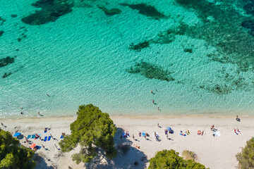 Aerial view of Playa de Formentor at Cala Pi de la Posada bay in Mallorca