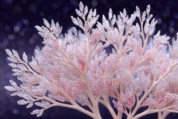 Pink and White Beaded Tree Ornament Close up, Dark Bokeh Background