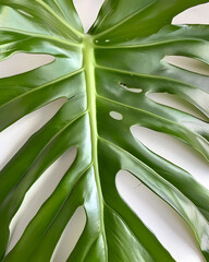 Close-up of Monstera leaf with natural light and cutout patterns