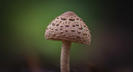 Closeup view delicately textured mushroom subtly lit soft green background. AI Generated