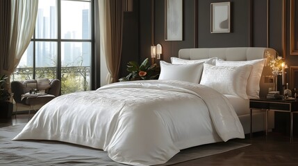 Fototapeta premium Cozy and Inviting Luxury Bedroom with Warm Lighting and Decor