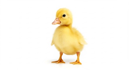 Obraz premium Fluffy yellow duckling stands boldly against bright white background. AI Generated