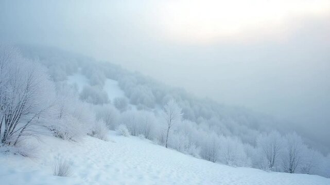 Snow covered mountain slope in a morning haze. HDR. Frozen ground of a hillside, picturesque natural background.