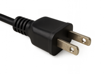 Black electrical plug connecting to power outlet on transparent background