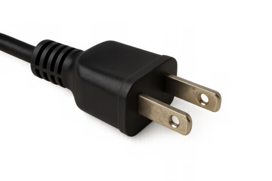 Black electrical plug connecting to power outlet on transparent background