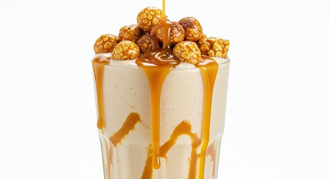Caramel popcorn milkshake with creamy drizzle and sweet treat topping