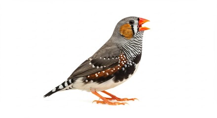 Vibrant Zebra Finch Sings Brightly Against White Background. AI Generated